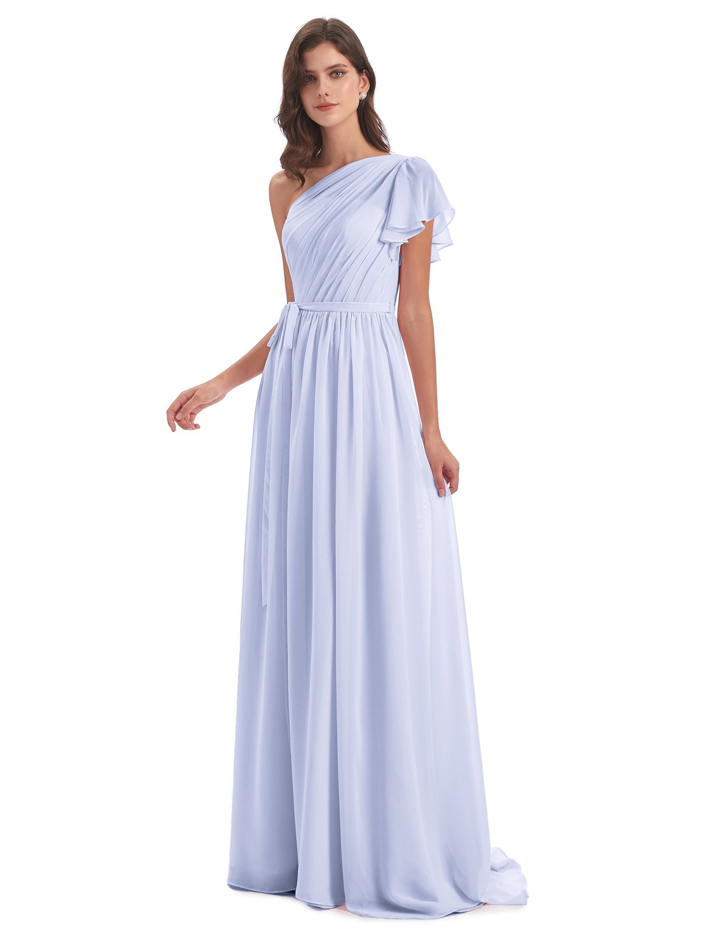 A-line Sweep-Brush Train One Shoulder Chiffon Long Bridesmaid Dresses