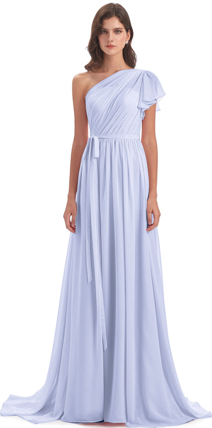 A-line Sweep-Brush Train One Shoulder Chiffon Long Bridesmaid Dresses