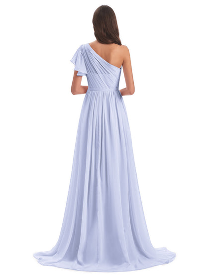 A-line Sweep-Brush Train One Shoulder Chiffon Long Bridesmaid Dresses