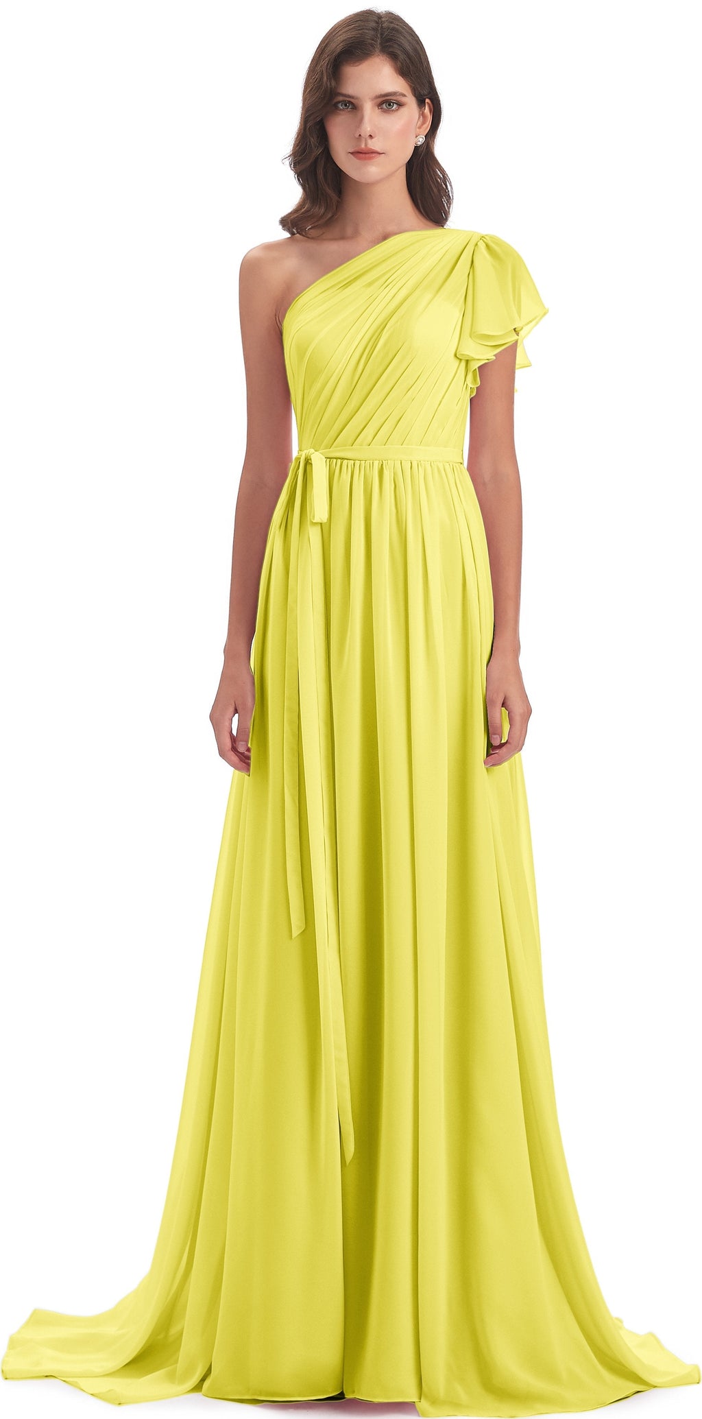 A-line Sweep-Brush Train One Shoulder Chiffon Long Bridesmaid Dresses