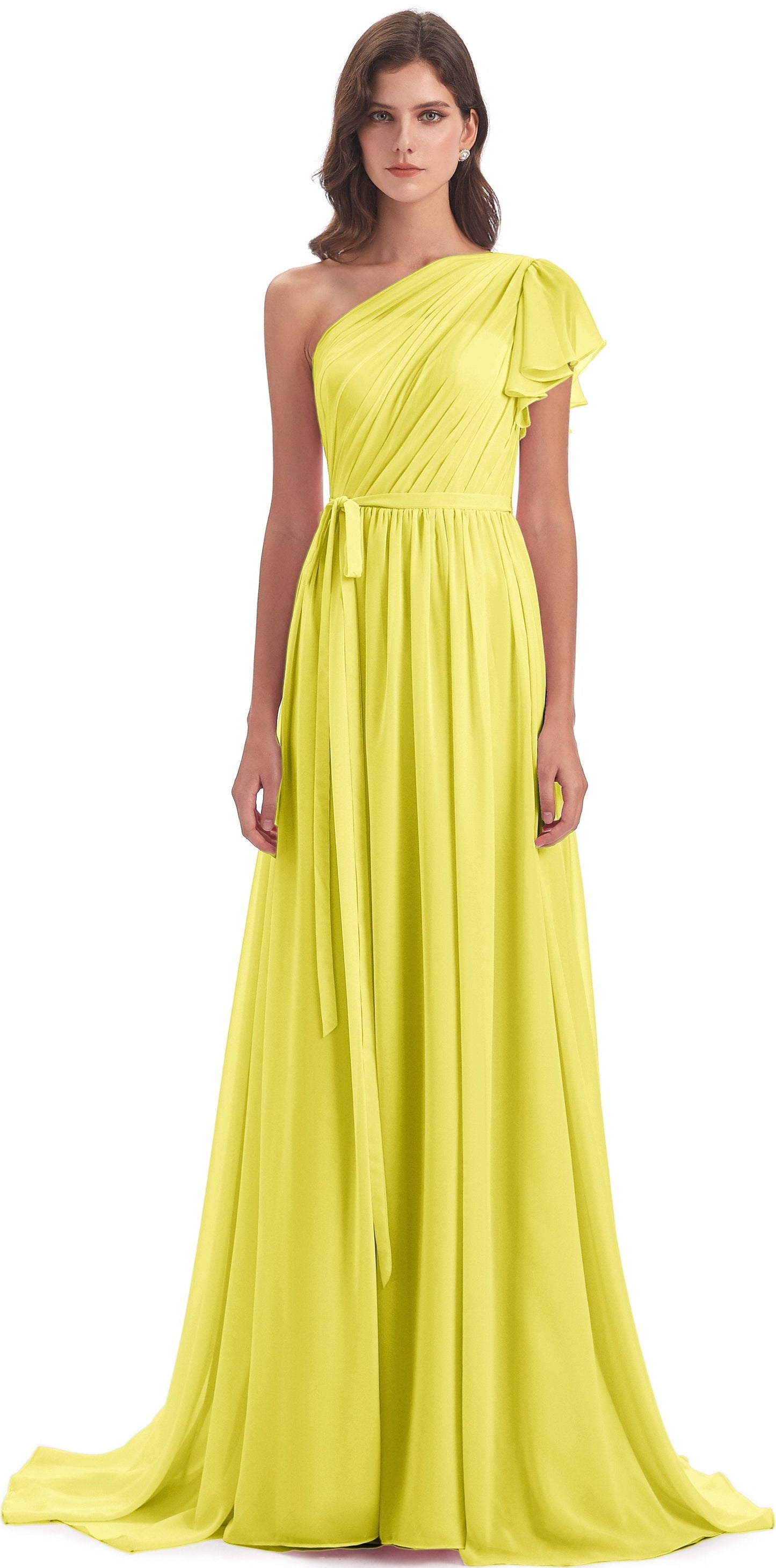 A-line Sweep-Brush Train One Shoulder Chiffon Long Bridesmaid Dresses