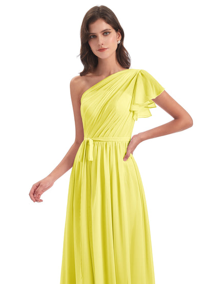 A-line Sweep-Brush Train One Shoulder Chiffon Long Bridesmaid Dresses