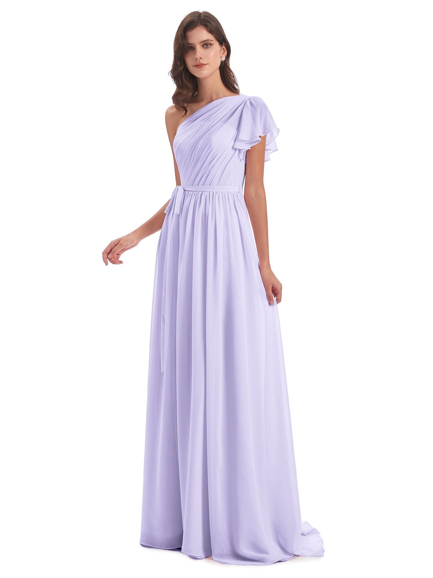 A-line Sweep-Brush Train One Shoulder Chiffon Long Bridesmaid Dresses