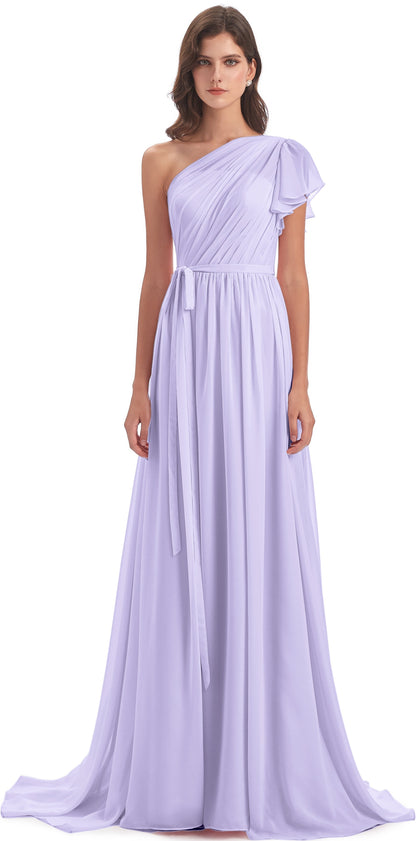 A-line Sweep-Brush Train One Shoulder Chiffon Long Bridesmaid Dresses