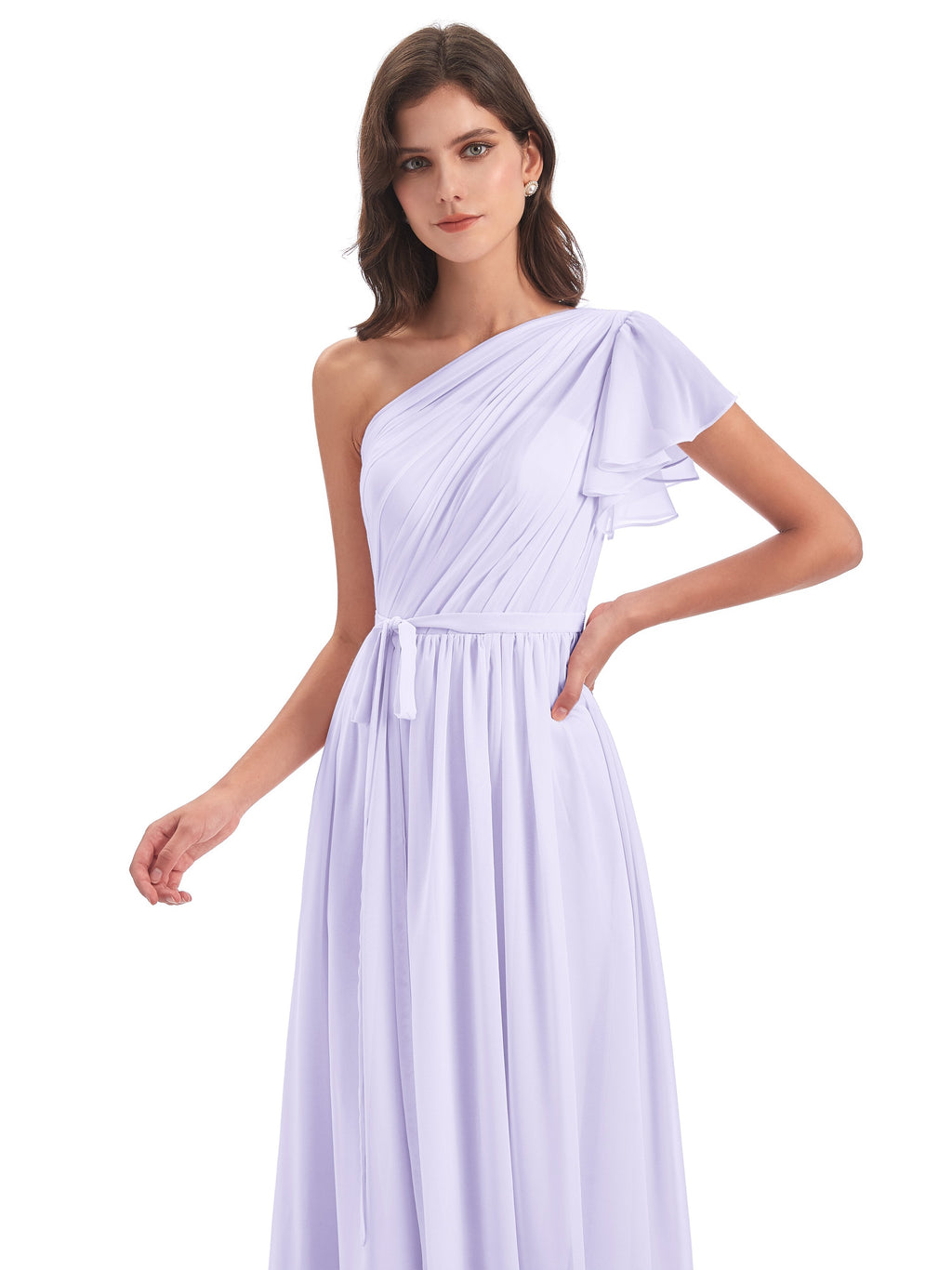 A-line Sweep-Brush Train One Shoulder Chiffon Long Bridesmaid Dresses