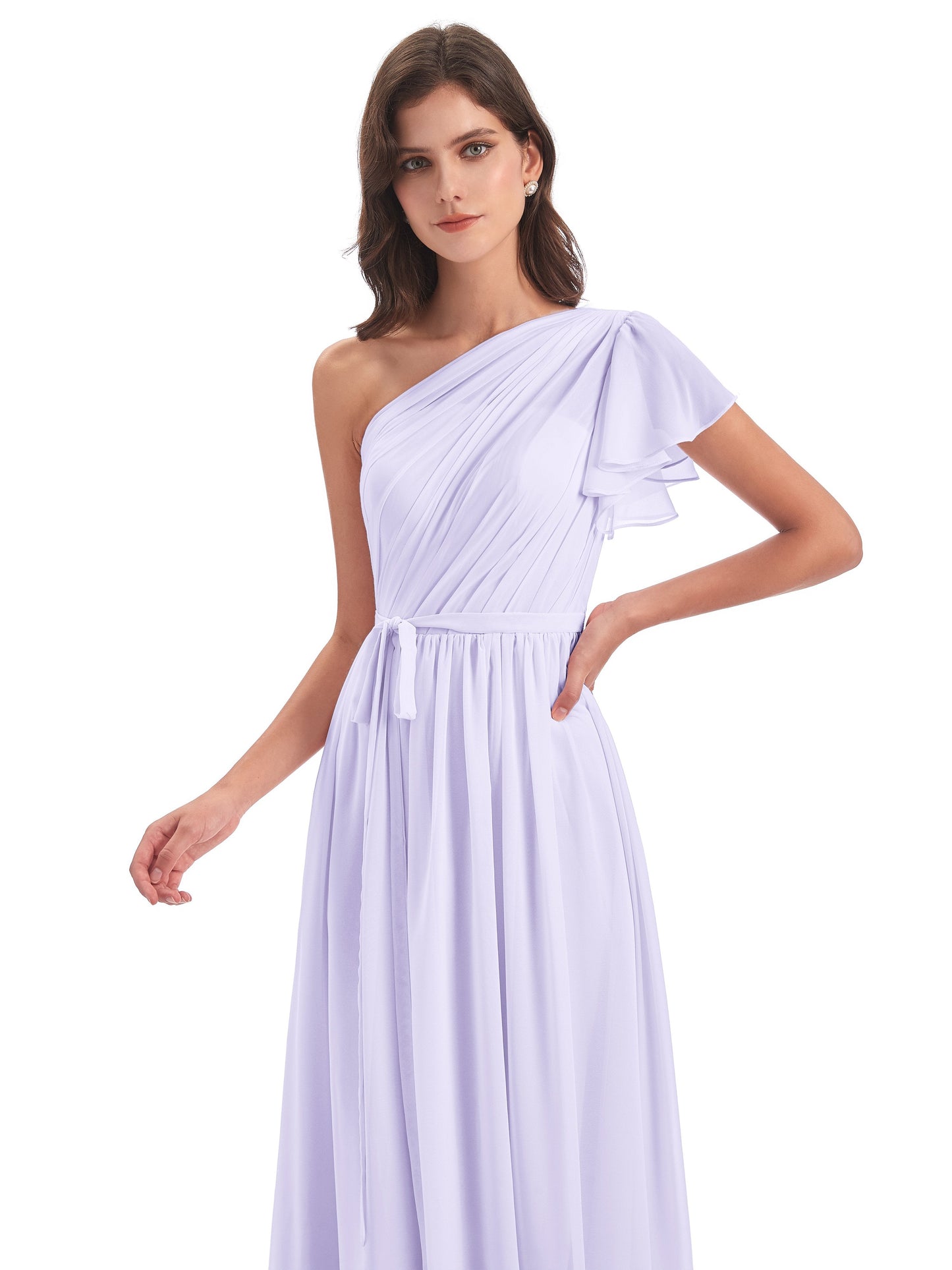 A-line Sweep-Brush Train One Shoulder Chiffon Long Bridesmaid Dresses