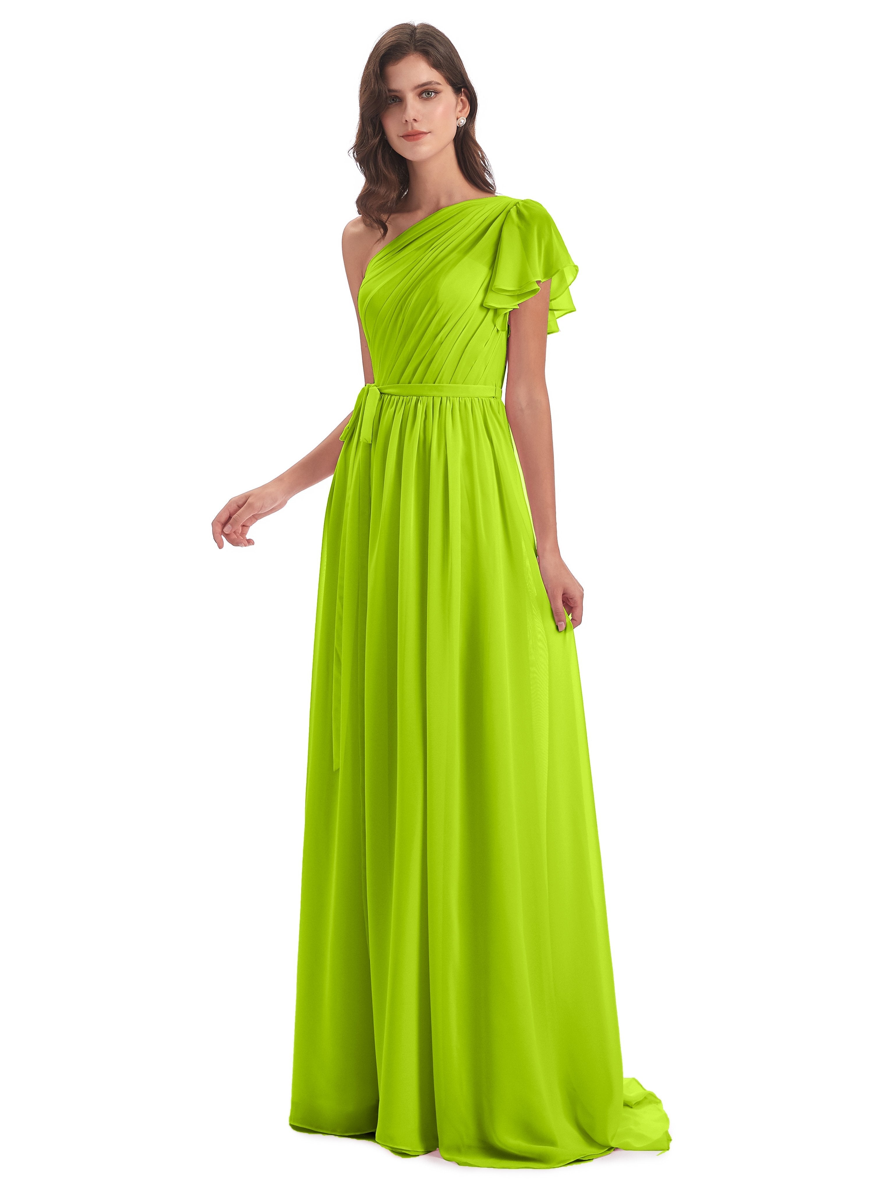 A-line Sweep-Brush Train One Shoulder Chiffon Long Bridesmaid Dresses