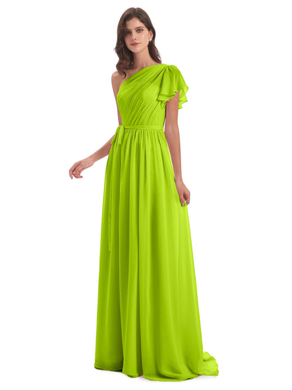 A-line Sweep-Brush Train One Shoulder Chiffon Long Bridesmaid Dresses