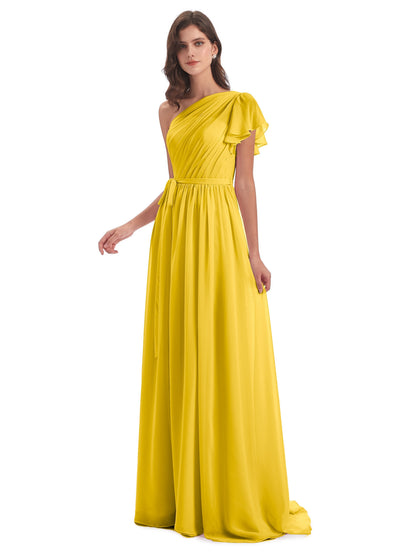 A-line Sweep-Brush Train One Shoulder Chiffon Long Bridesmaid Dresses