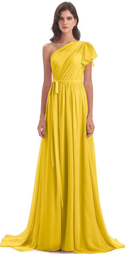 A-line Sweep-Brush Train One Shoulder Chiffon Long Bridesmaid Dresses