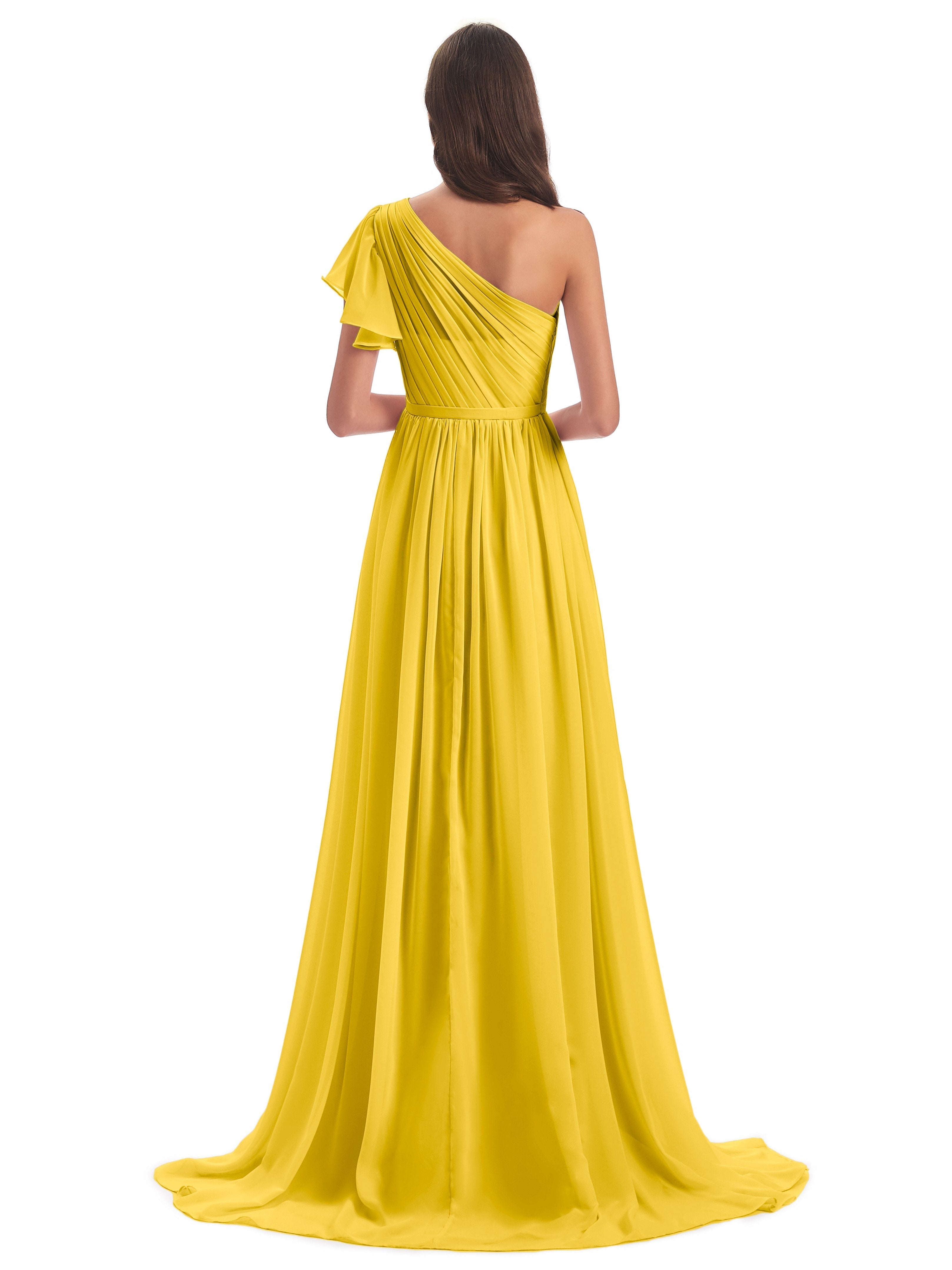 A-line Sweep-Brush Train One Shoulder Chiffon Long Bridesmaid Dresses