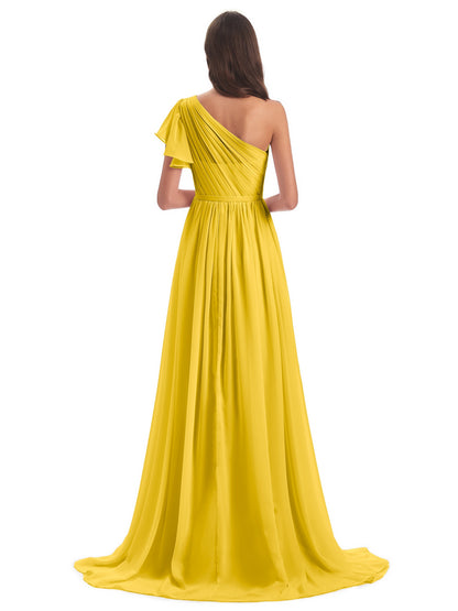 A-line Sweep-Brush Train One Shoulder Chiffon Long Bridesmaid Dresses