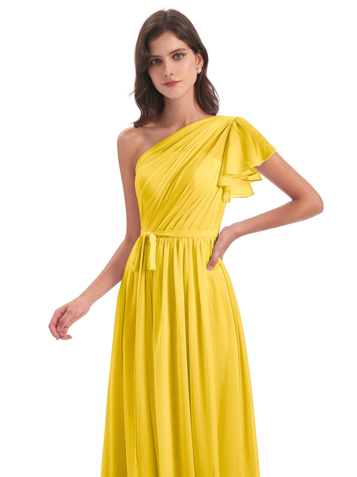 A-line Sweep-Brush Train One Shoulder Chiffon Long Bridesmaid Dresses