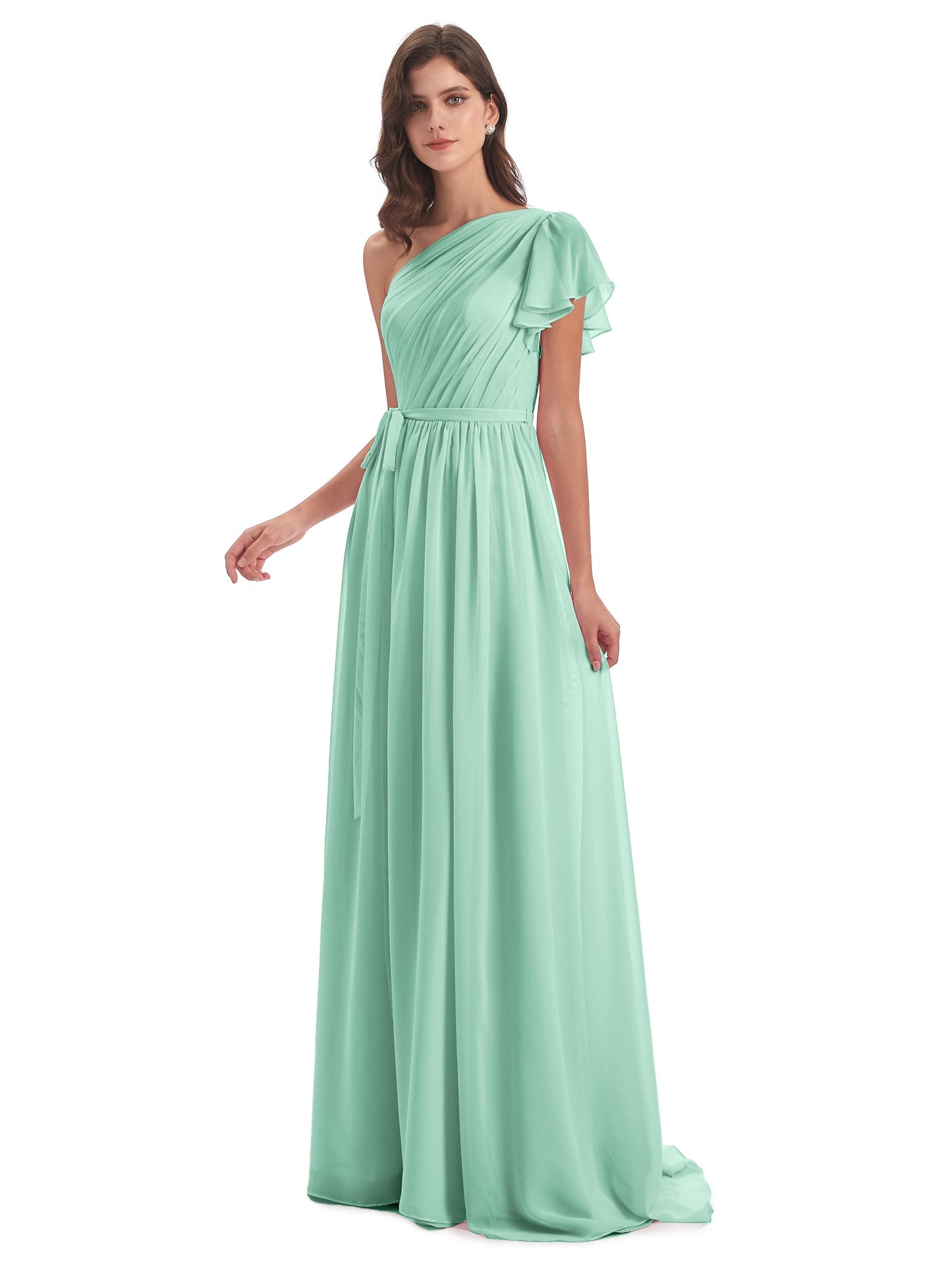A-line Sweep-Brush Train One Shoulder Chiffon Long Bridesmaid Dresses