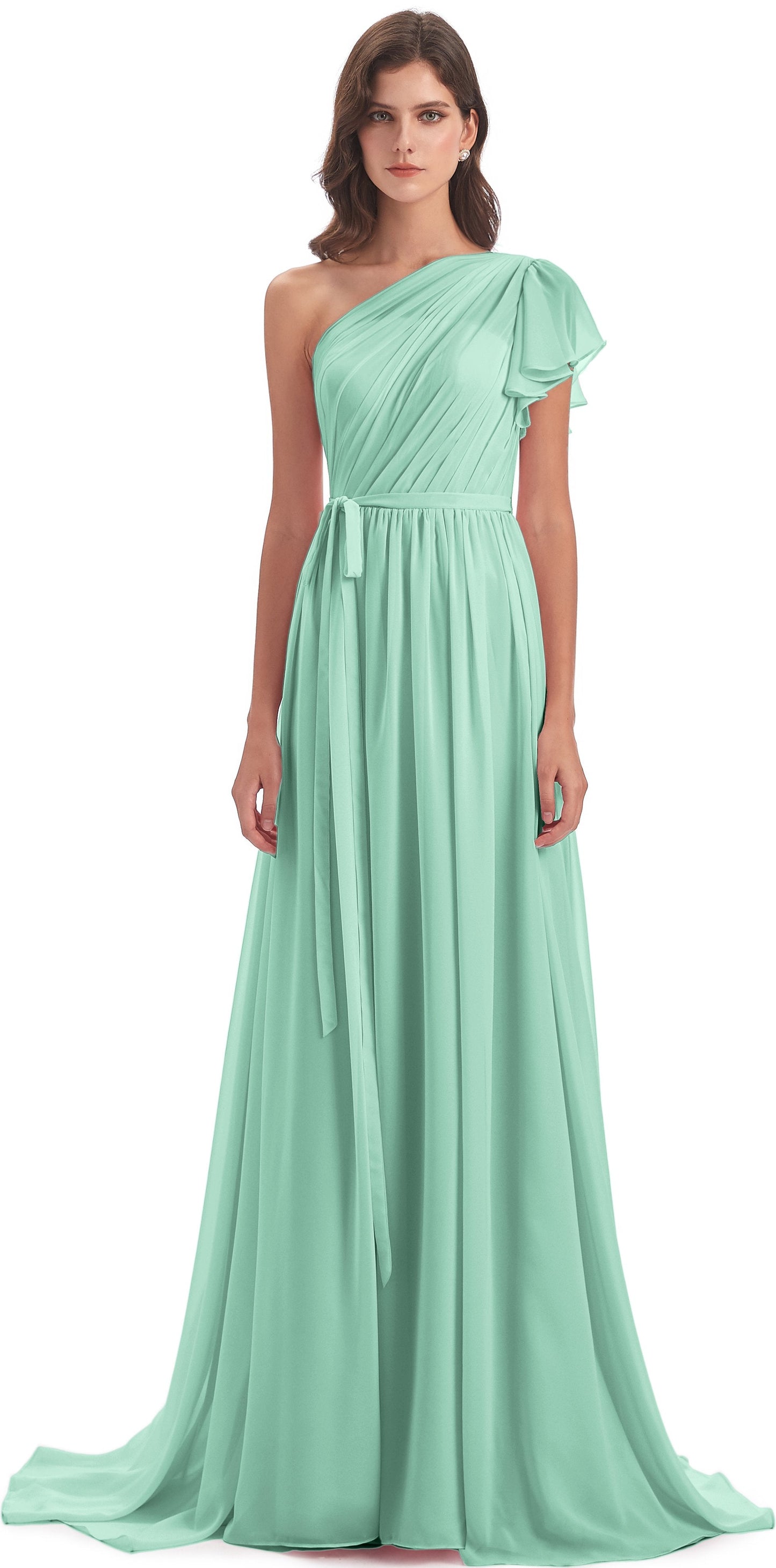 A-line Sweep-Brush Train One Shoulder Chiffon Long Bridesmaid Dresses