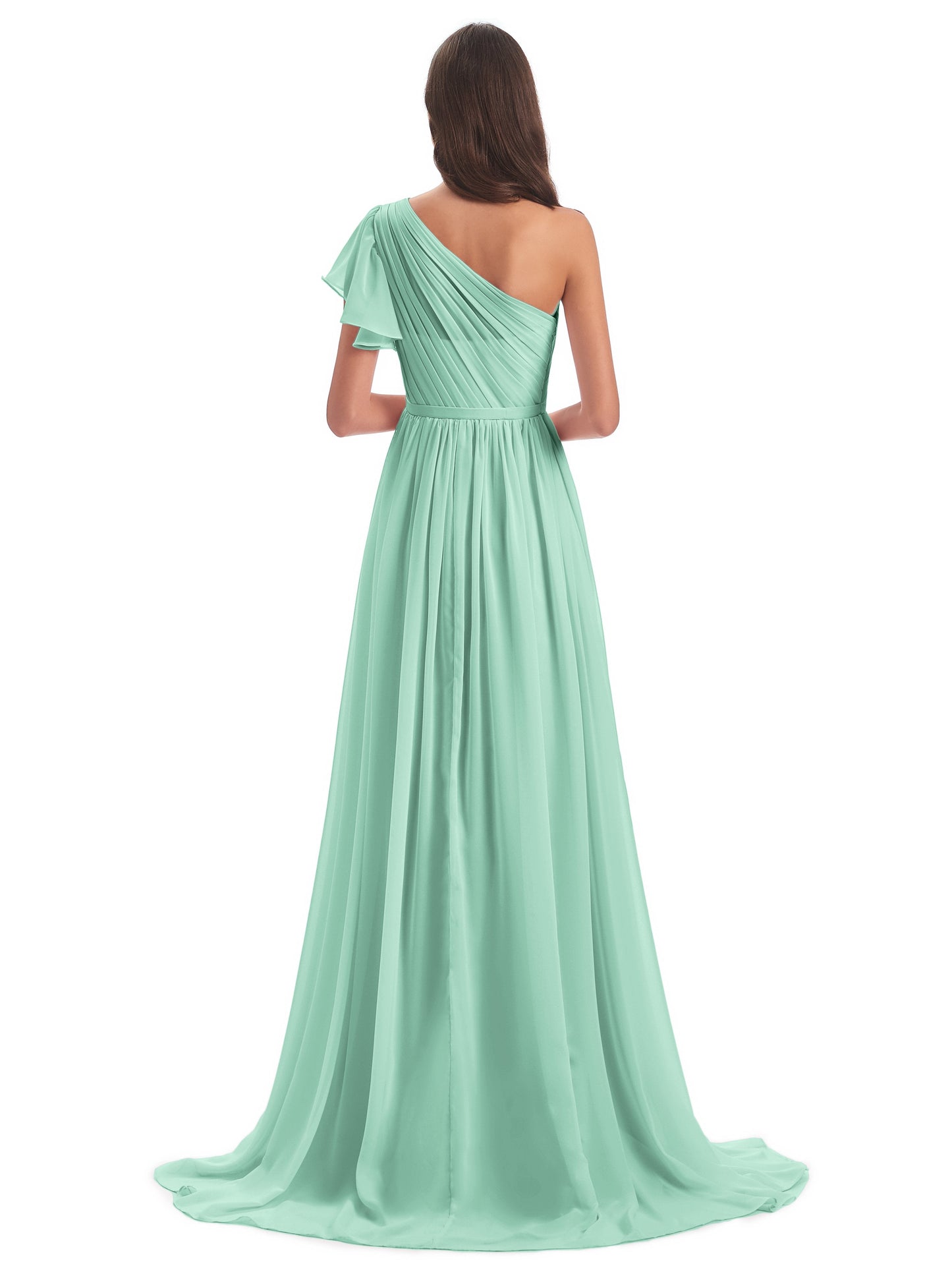 A-line Sweep-Brush Train One Shoulder Chiffon Long Bridesmaid Dresses