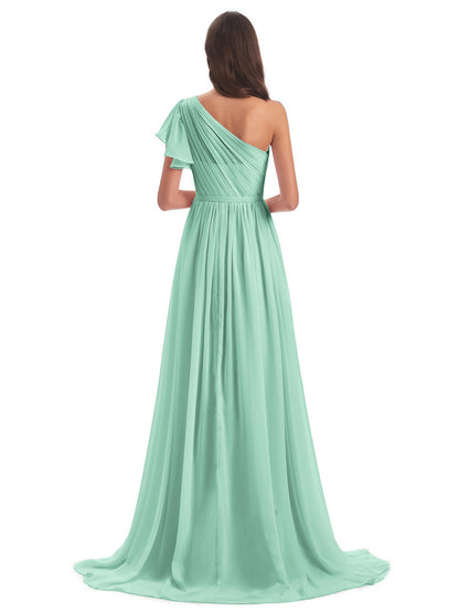 A-line Sweep-Brush Train One Shoulder Chiffon Long Bridesmaid Dresses