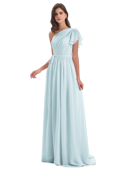 A-line Sweep-Brush Train One Shoulder Chiffon Long Bridesmaid Dresses