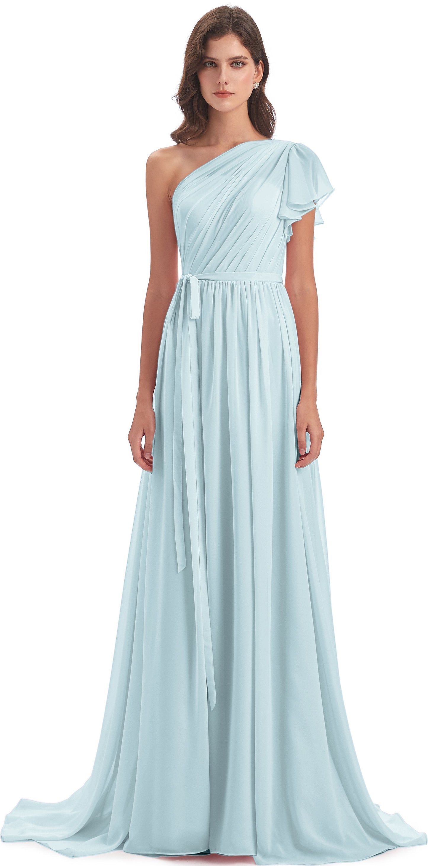 A-line Sweep-Brush Train One Shoulder Chiffon Long Bridesmaid Dresses