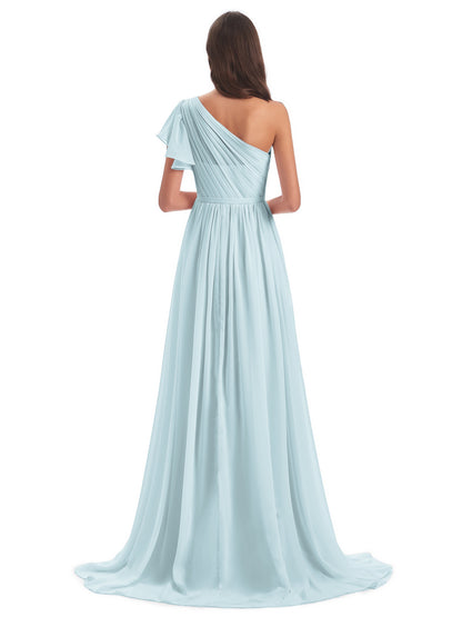 A-line Sweep-Brush Train One Shoulder Chiffon Long Bridesmaid Dresses