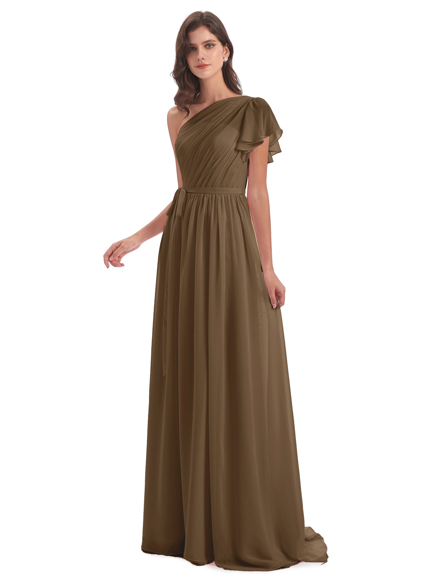 A-line Sweep-Brush Train One Shoulder Chiffon Long Bridesmaid Dresses