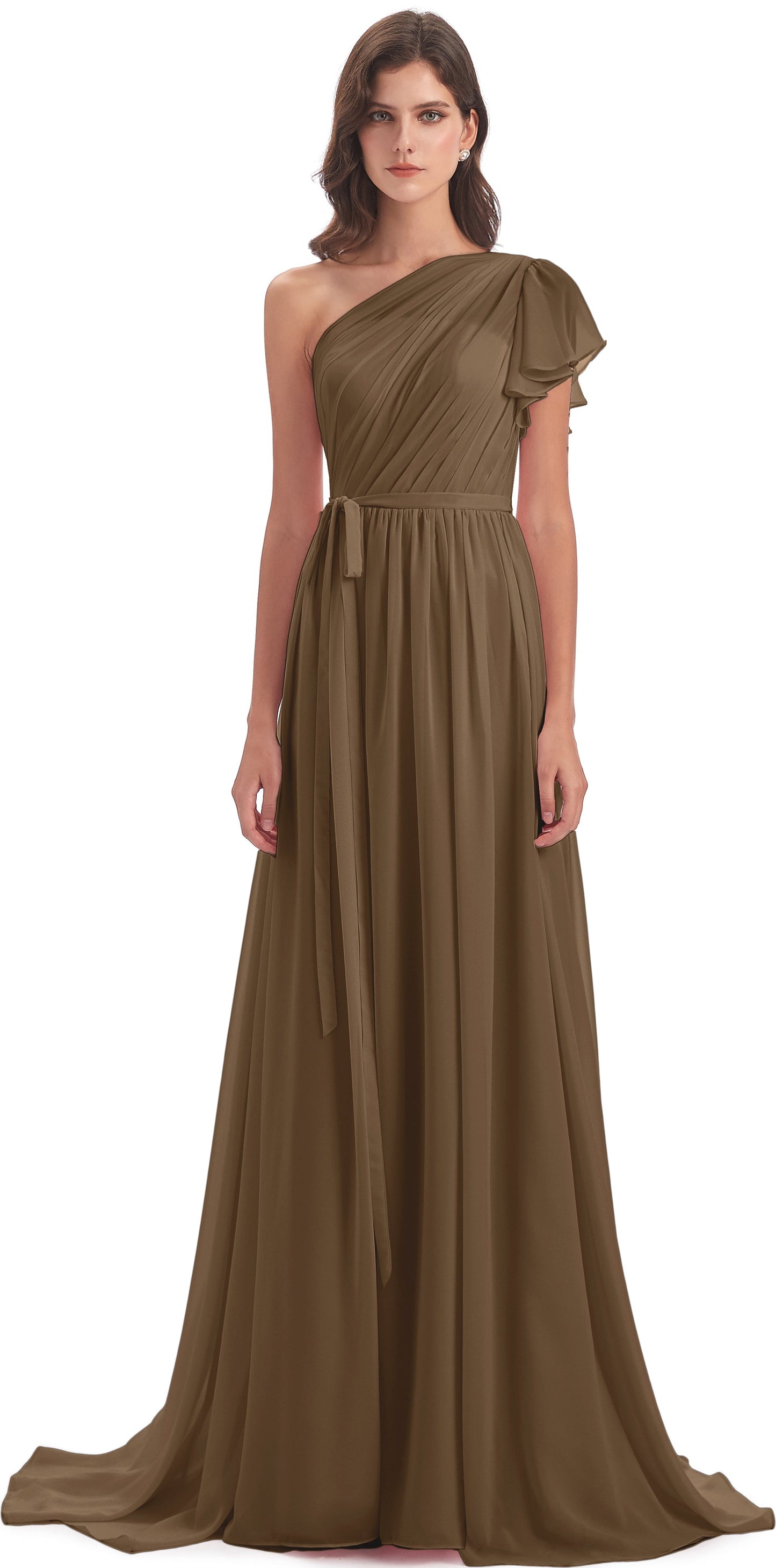 A-line Sweep-Brush Train One Shoulder Chiffon Long Bridesmaid Dresses