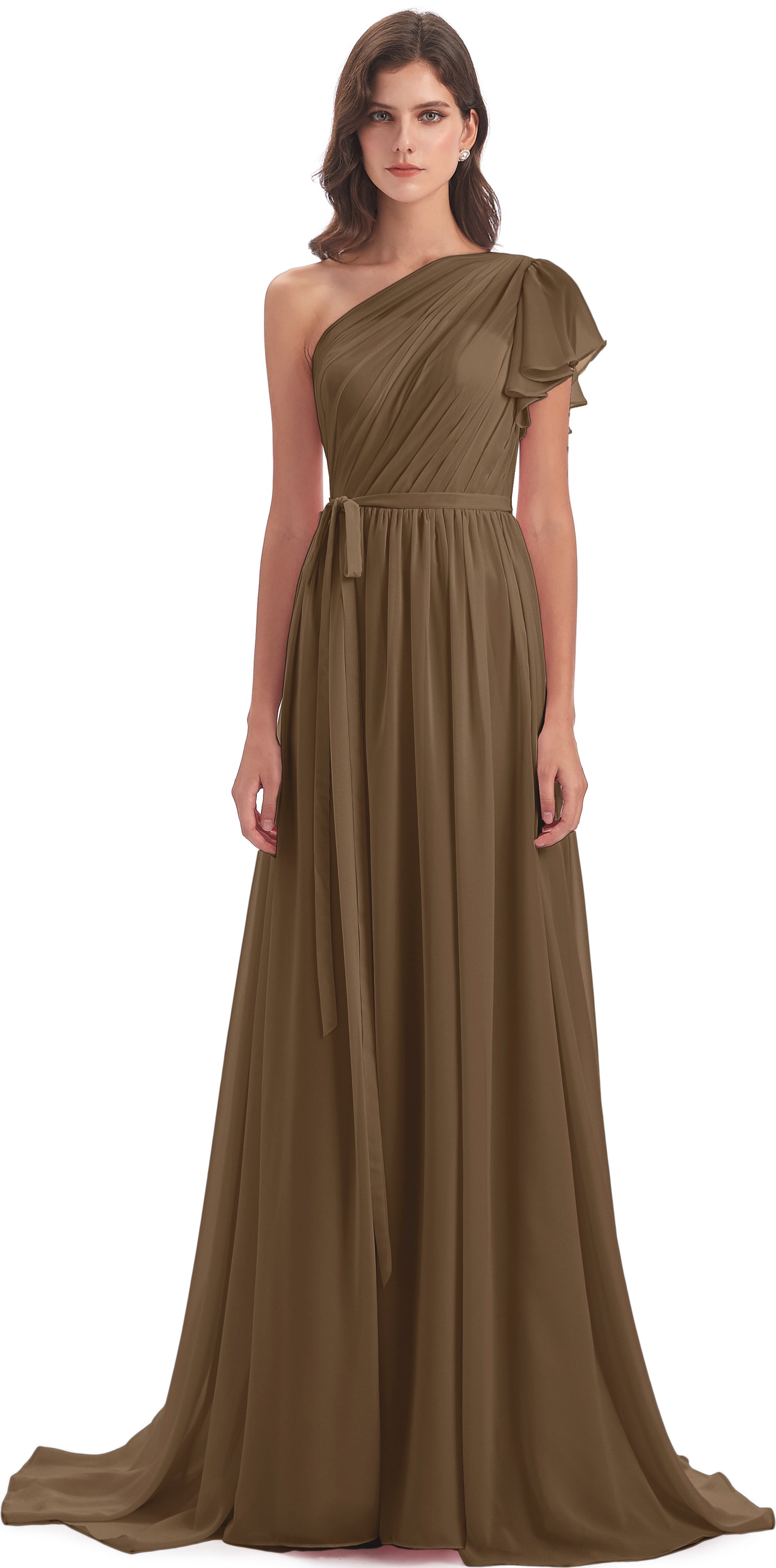 A-line Sweep-Brush Train One Shoulder Chiffon Long Bridesmaid Dresses