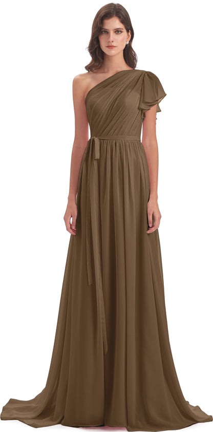 A-line Sweep-Brush Train One Shoulder Chiffon Long Bridesmaid Dresses