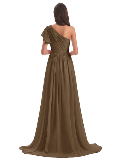 A-line Sweep-Brush Train One Shoulder Chiffon Long Bridesmaid Dresses