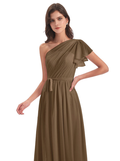 A-line Sweep-Brush Train One Shoulder Chiffon Long Bridesmaid Dresses
