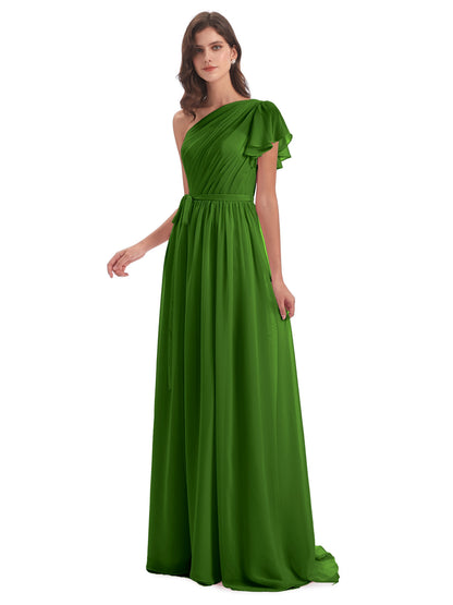 A-line Sweep-Brush Train One Shoulder Chiffon Long Bridesmaid Dresses