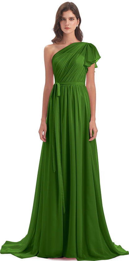 A-line Sweep-Brush Train One Shoulder Chiffon Long Bridesmaid Dresses