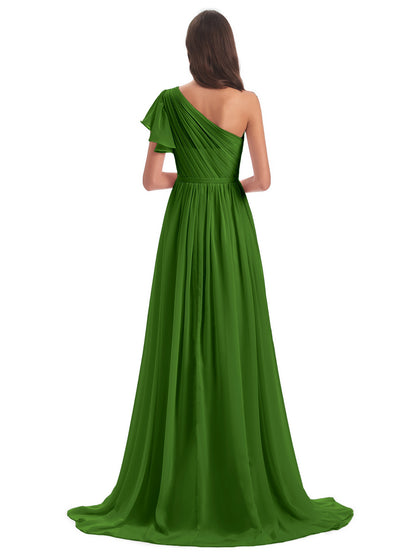 A-line Sweep-Brush Train One Shoulder Chiffon Long Bridesmaid Dresses