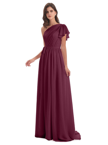 A-line Sweep-Brush Train One Shoulder Chiffon Long Bridesmaid Dresses