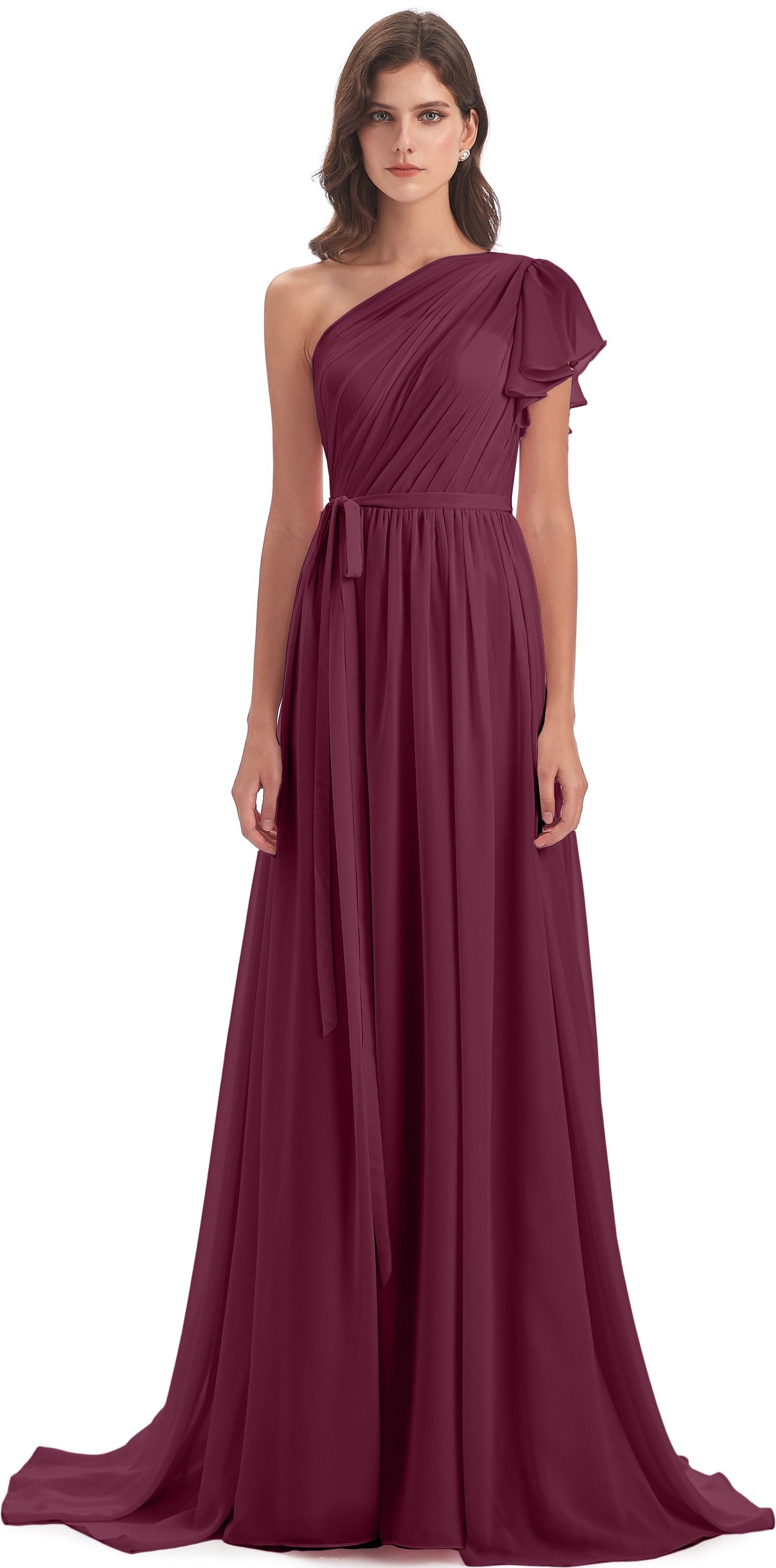 A-line Sweep-Brush Train One Shoulder Chiffon Long Bridesmaid Dresses