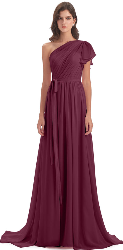 A-line Sweep-Brush Train One Shoulder Chiffon Long Bridesmaid Dresses