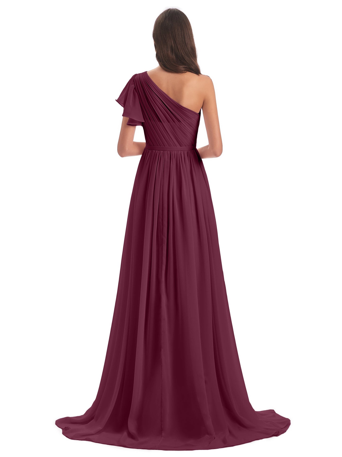A-line Sweep-Brush Train One Shoulder Chiffon Long Bridesmaid Dresses