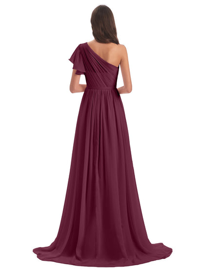 A-line Sweep-Brush Train One Shoulder Chiffon Long Bridesmaid Dresses