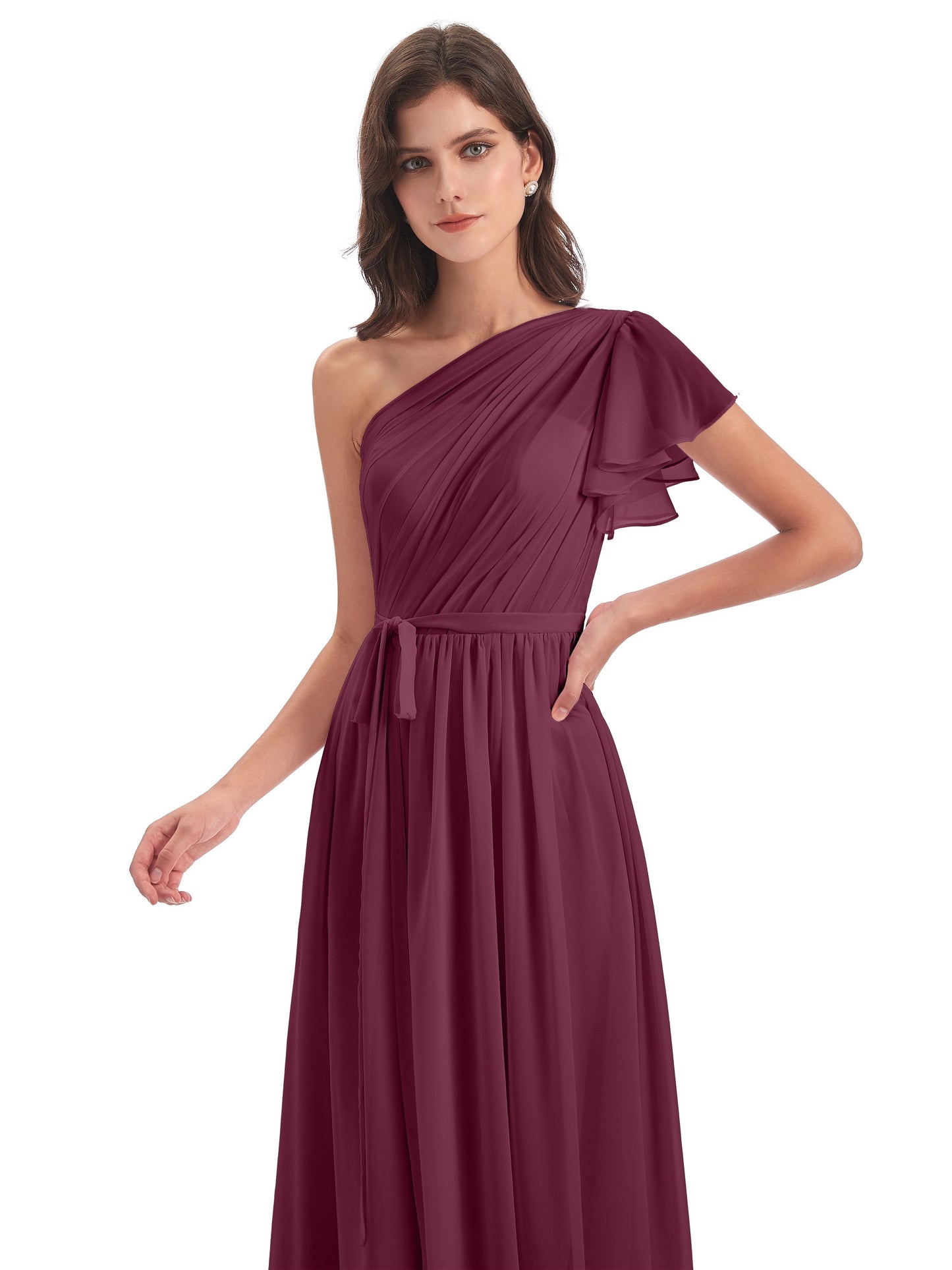 A-line Sweep-Brush Train One Shoulder Chiffon Long Bridesmaid Dresses