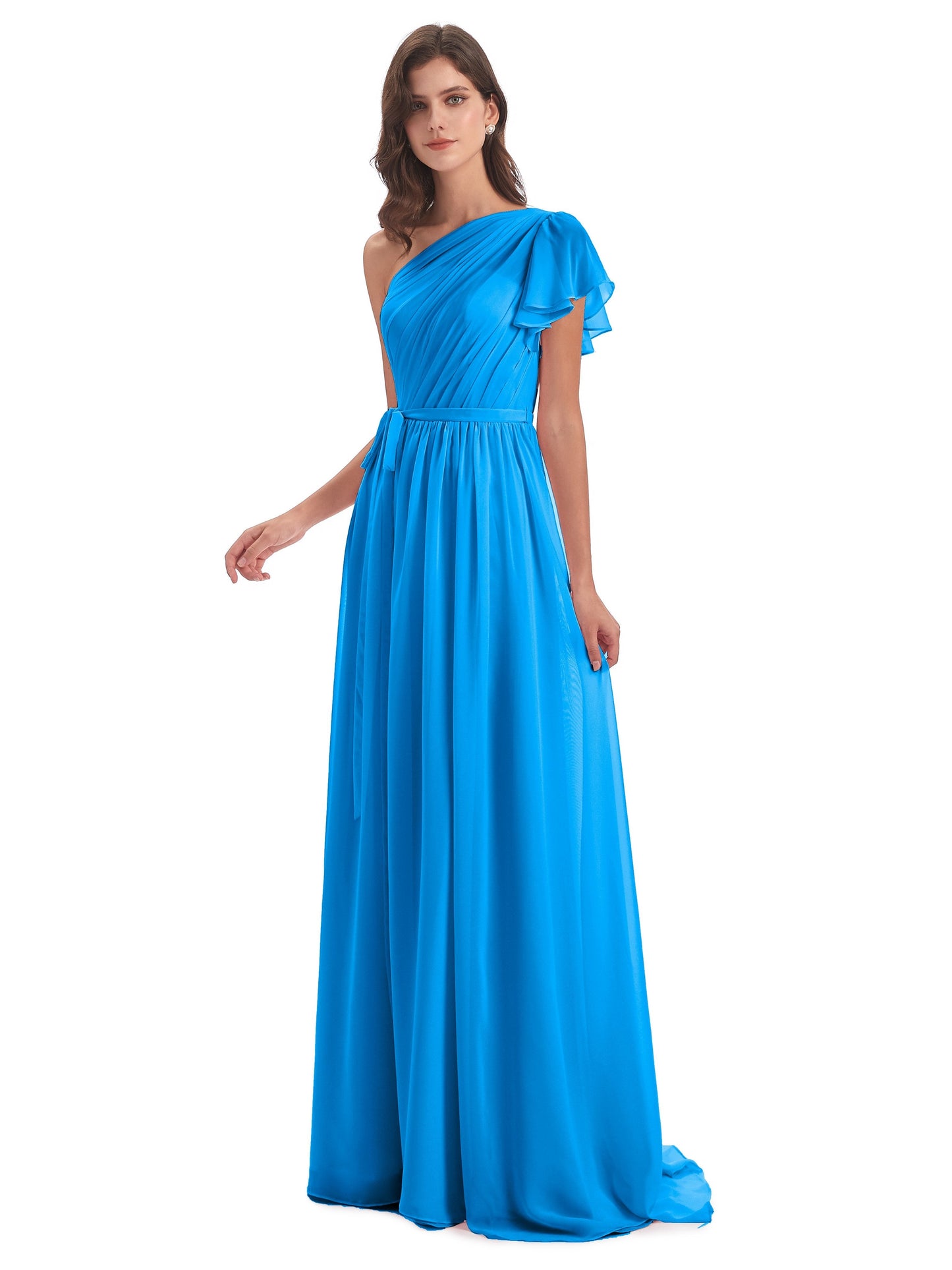 A-line Sweep-Brush Train One Shoulder Chiffon Long Bridesmaid Dresses