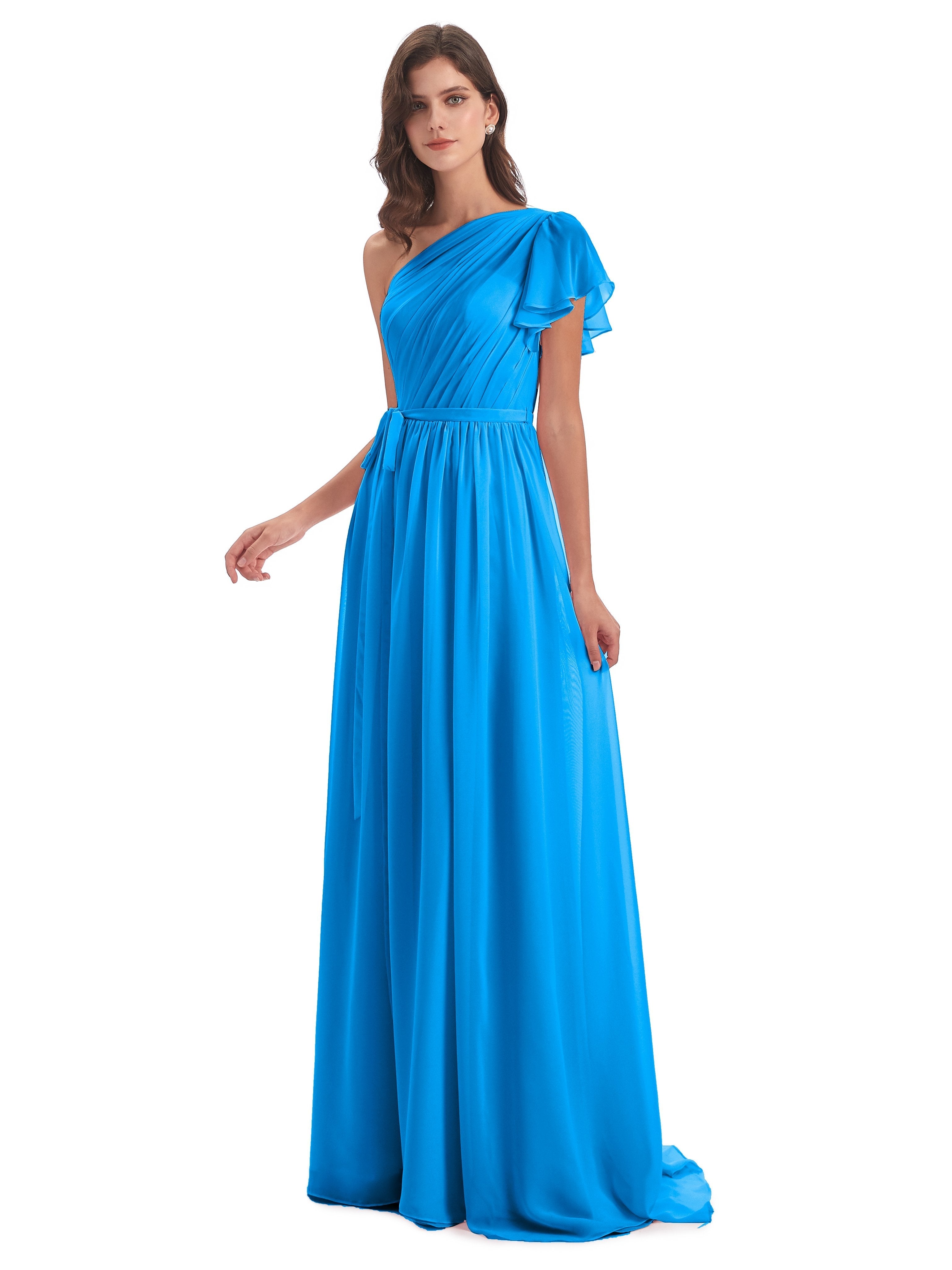 A-line Sweep-Brush Train One Shoulder Chiffon Long Bridesmaid Dresses