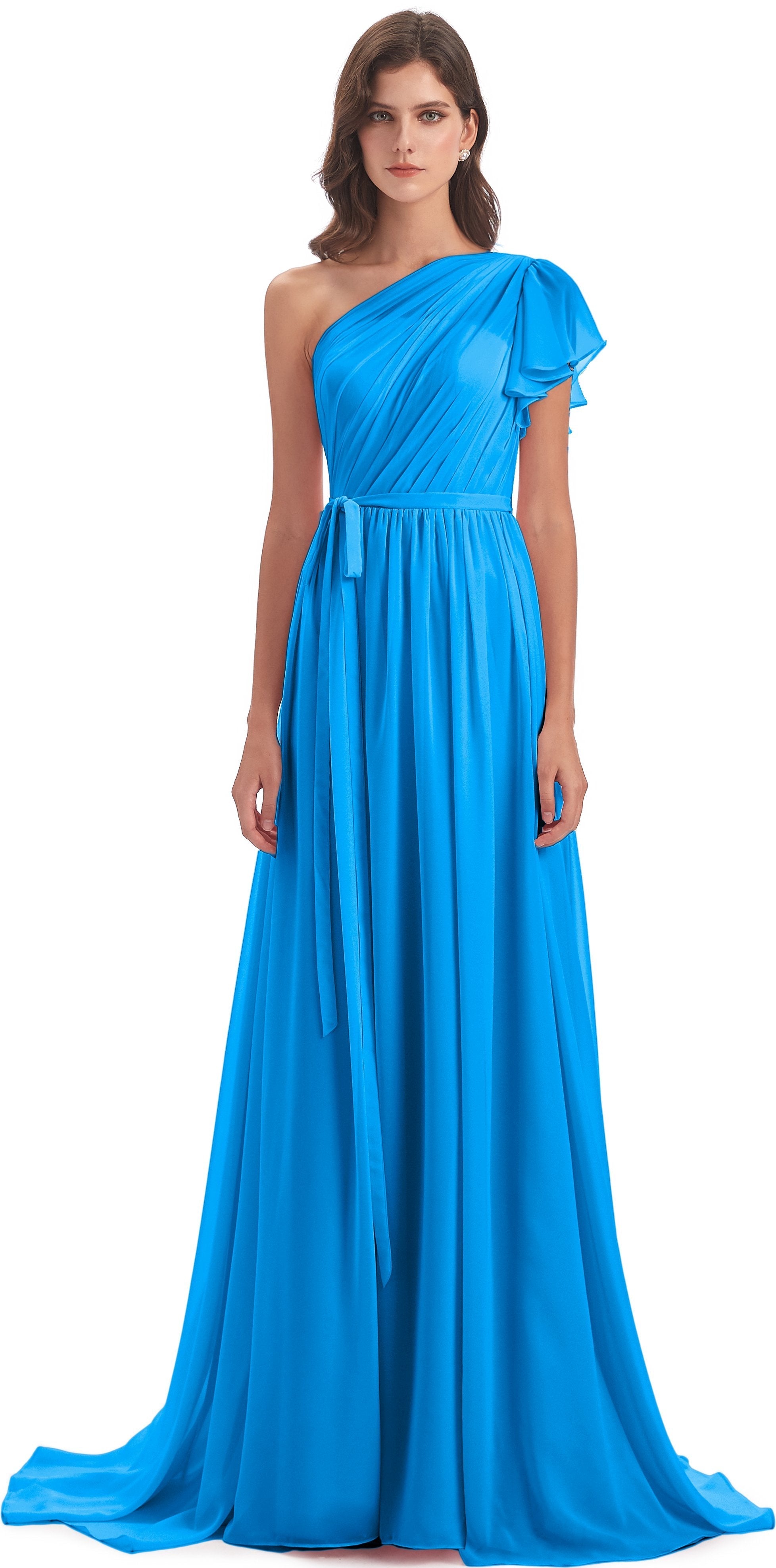 A-line Sweep-Brush Train One Shoulder Chiffon Long Bridesmaid Dresses