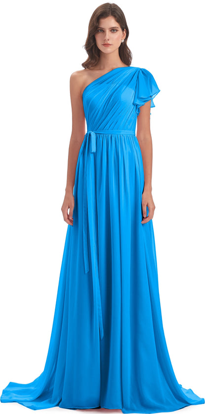 A-line Sweep-Brush Train One Shoulder Chiffon Long Bridesmaid Dresses