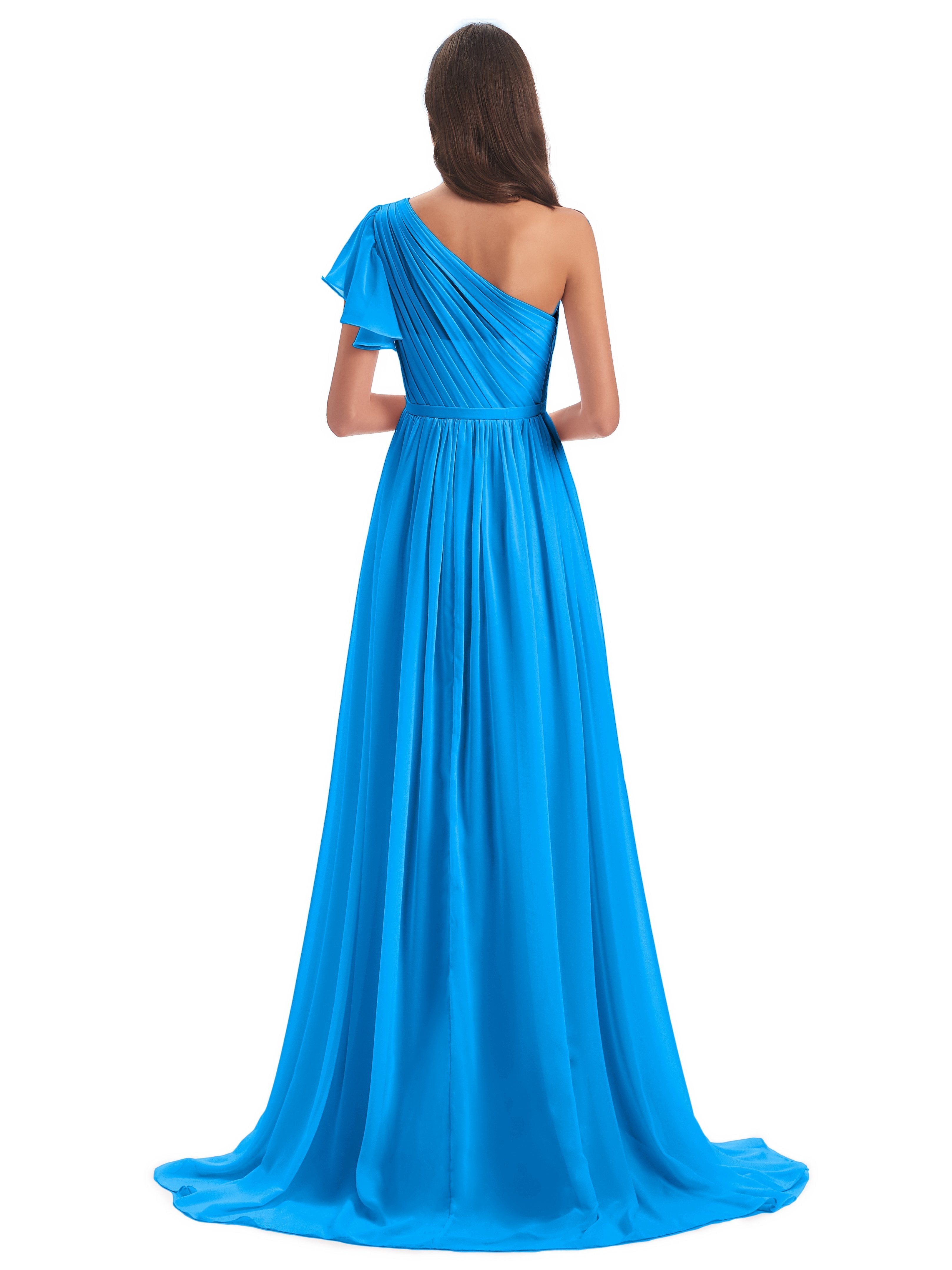 A-line Sweep-Brush Train One Shoulder Chiffon Long Bridesmaid Dresses