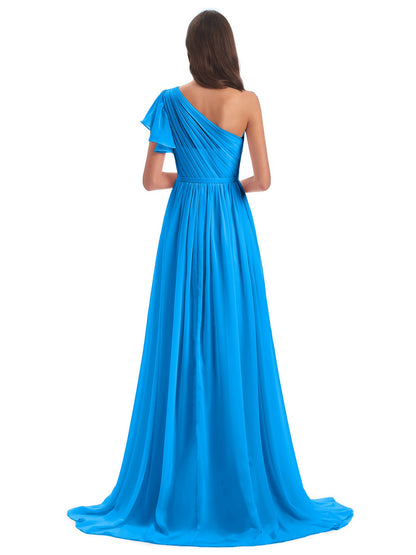 A-line Sweep-Brush Train One Shoulder Chiffon Long Bridesmaid Dresses