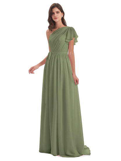 A-line Sweep-Brush Train One Shoulder Chiffon Long Bridesmaid Dresses