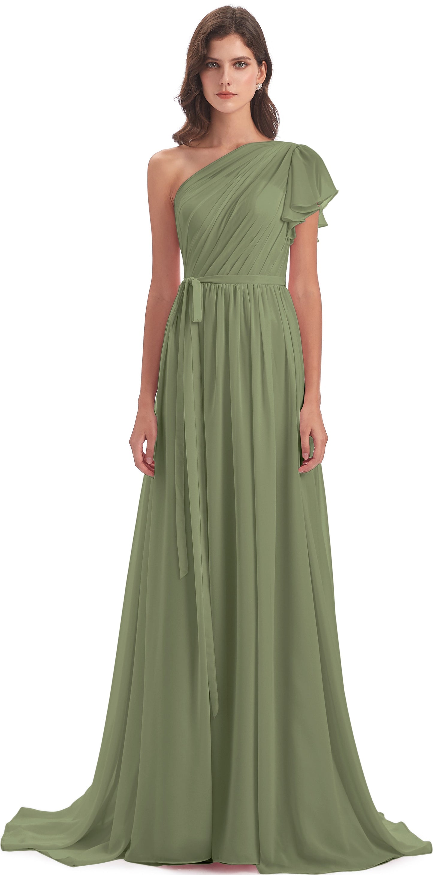 A-line Sweep-Brush Train One Shoulder Chiffon Long Bridesmaid Dresses