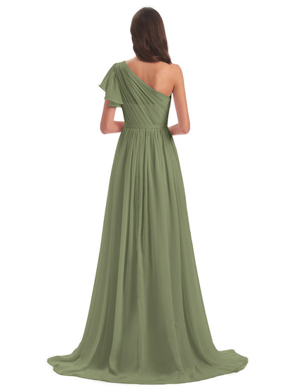 A-line Sweep-Brush Train One Shoulder Chiffon Long Bridesmaid Dresses