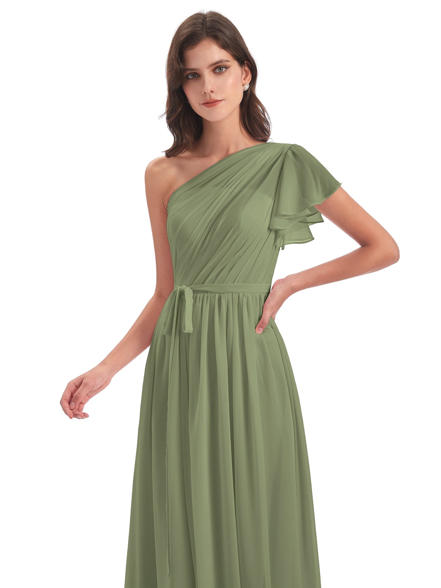 A-line Sweep-Brush Train One Shoulder Chiffon Long Bridesmaid Dresses
