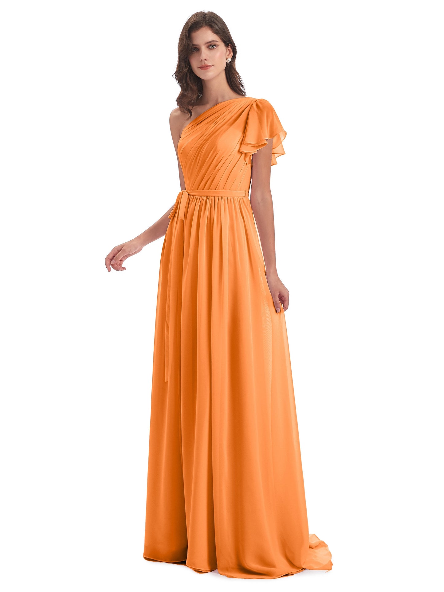 A-line Sweep-Brush Train One Shoulder Chiffon Long Bridesmaid Dresses